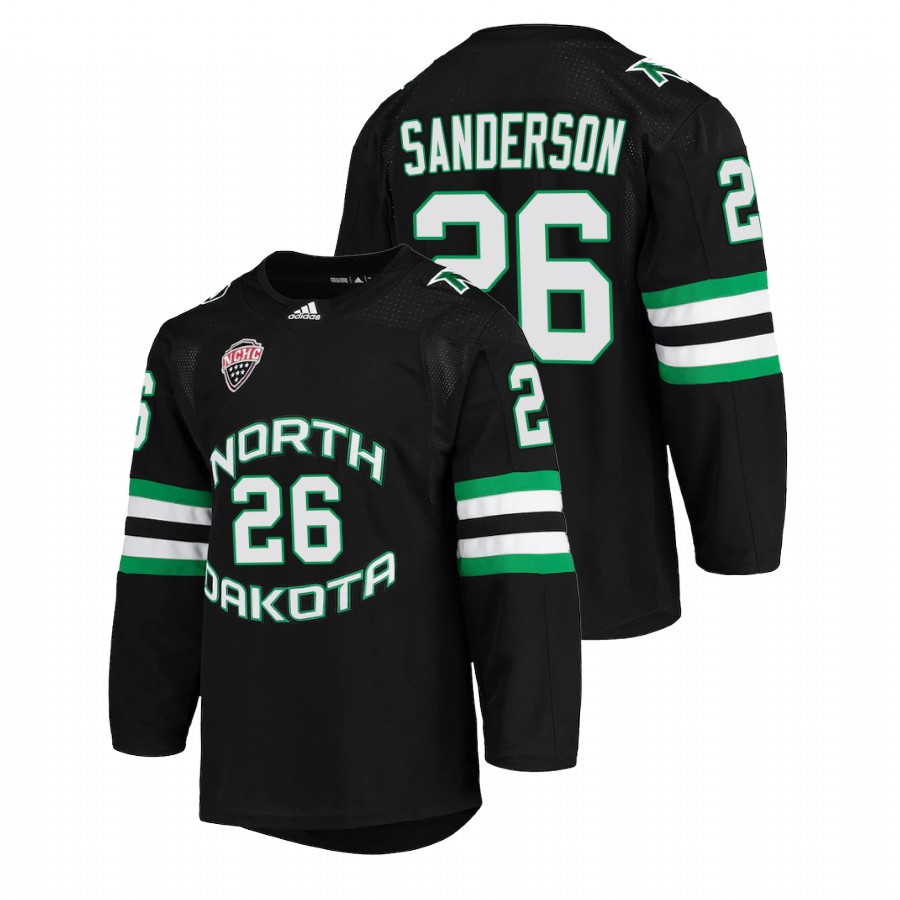   north dakota fighting hawks jake sanderson black college hockey nchc jersey