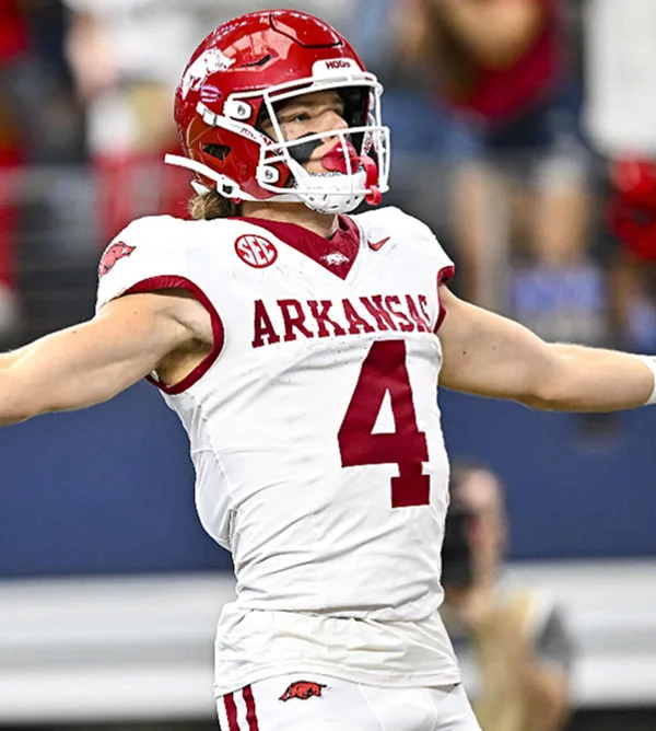  Arkansas Razorbacks #4 Isaac TeSlaa Nike 2024 White Football Game Jersey 