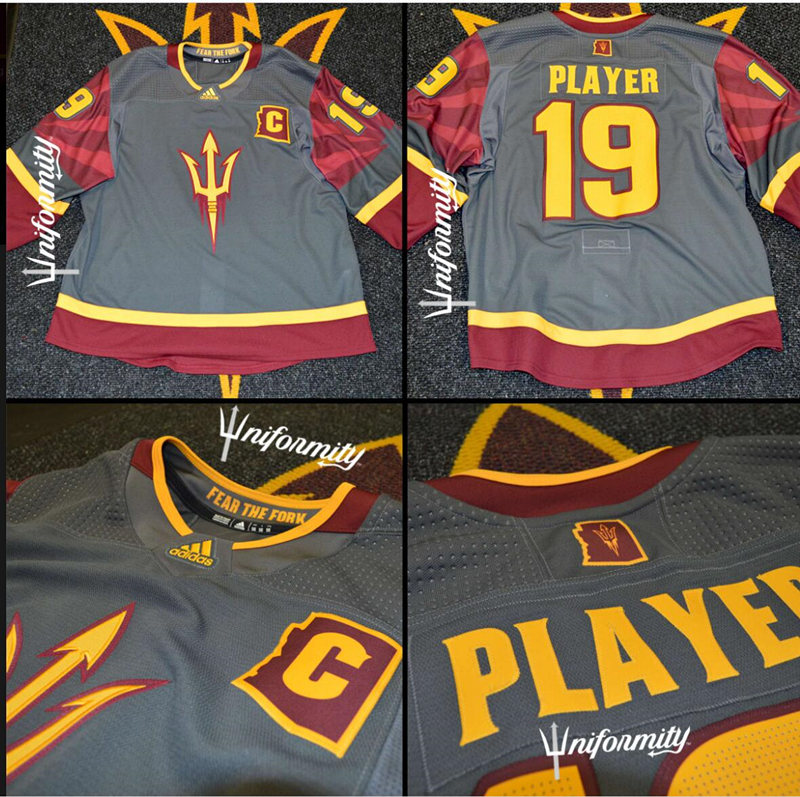  Men's Arizona State Sun Devils Custom Adidas  Charcoal College Hockey Game Jersey 