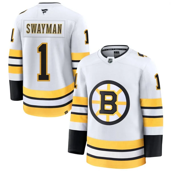  Men's Boston Bruins #1 Jeremy Swayman Fanatics 2025 Away White Premium Jersey 