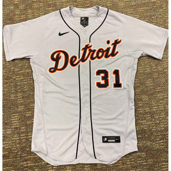  Men's Detroit Tigers #31 Riley Greene Nike Grey Road Limited Player Jersey 