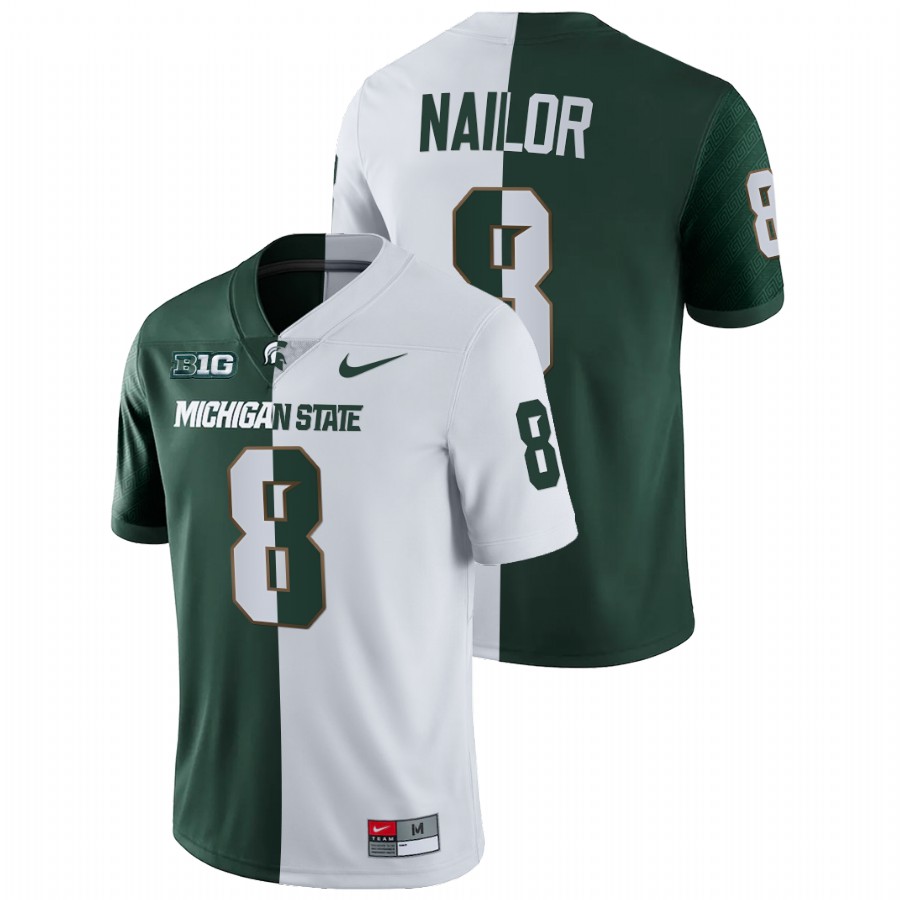  Men's Jersey Michigan State Spartans Jalen Nailor Split Edition College Football White Green Jersey