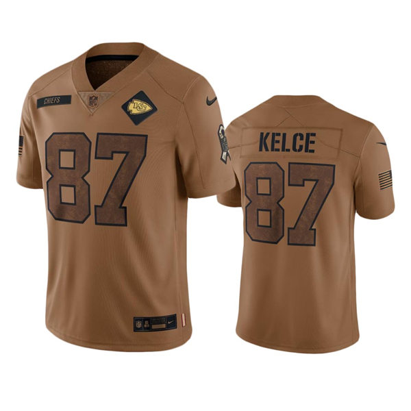  Men's Kansas City Chiefs #87 Travis Kelce Brown 2023 Salute To Service Limited Jersey 