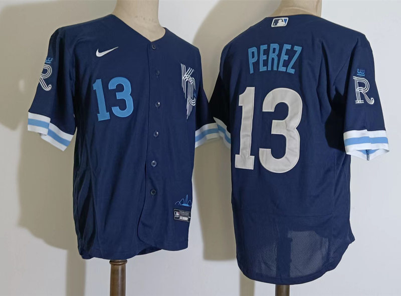  Men's Kansas City Royals #13 Salvador Perez Nike Navy 2022 City Connect Jersey 