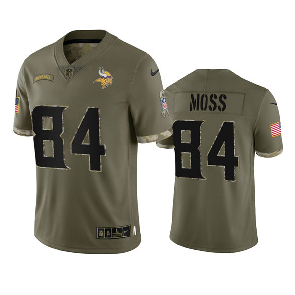  Men's Minnesota Vikings #84 Randy Moss Olive 2022 Salute To Service Jersey 
