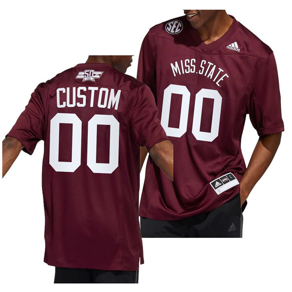  Men's Mississippi State Bulldogs Custom Adidas Maroon Football Dowsing x Bell 50 Year Anniversar Jersey 