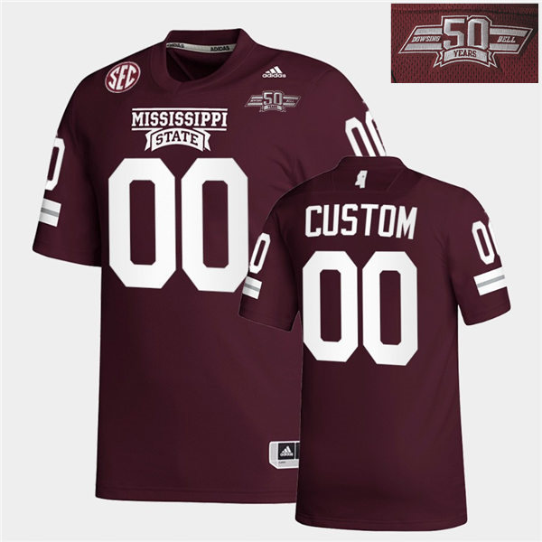  Men's Mississippi State Bulldogs Custom Maroon Dowsing x Bell 50 Year Anniversar Patch Football Jersey 
