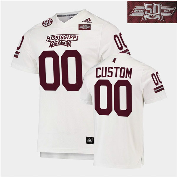  Men's Mississippi State Bulldogs Custom White Dowsing x Bell 50 Year Anniversar Patch Football Jersey 