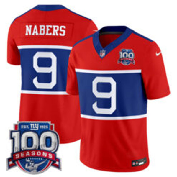  Men's New York Giants #9 Malik Nabers Century Red 100TH Season Commemorative Jersey 