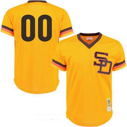 Men's San Diego Padres Gold Mesh Batting Practice Throwback Majestic Cooperstown Collection Custom Baseball Jersey 