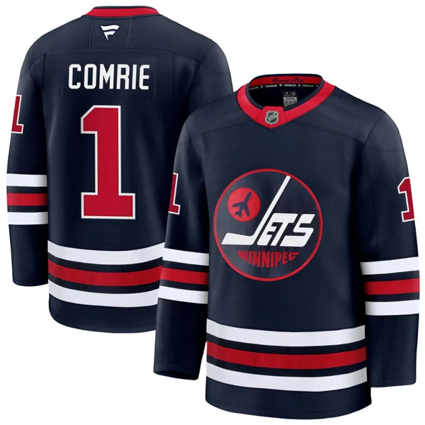  Men's Winnipeg Jets #1 Eric Comrie Fanatics Navy Alternate Premium Jersey 