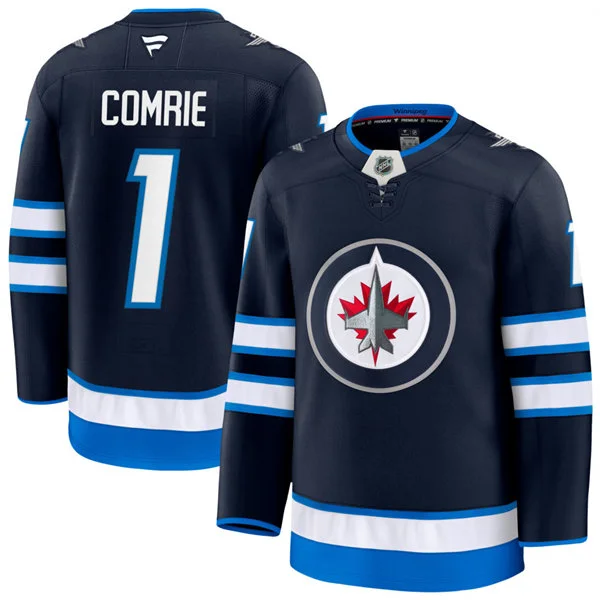  Men's Winnipeg Jets #1 Eric Comrie Fanatics Navy Home Premium Jersey 
