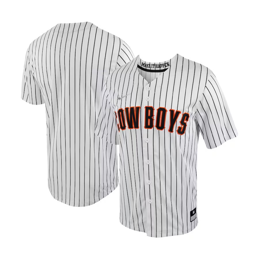  Men's Youth Oklahoma State Cowboys Custom Nike 2023 White Pinstripe Baseball Game Jersey 