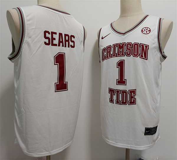 Mens Alabama Crimson Tide #1 Mark Sears Nike 2024 White Basketball Throwback Jersey 