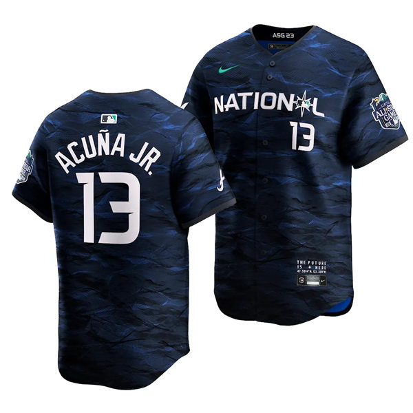  Mens Atlanta Braves #13 Ronald Acuna Jr. National League 2023 MLB All-Star Game Limited Player Jersey Navy 