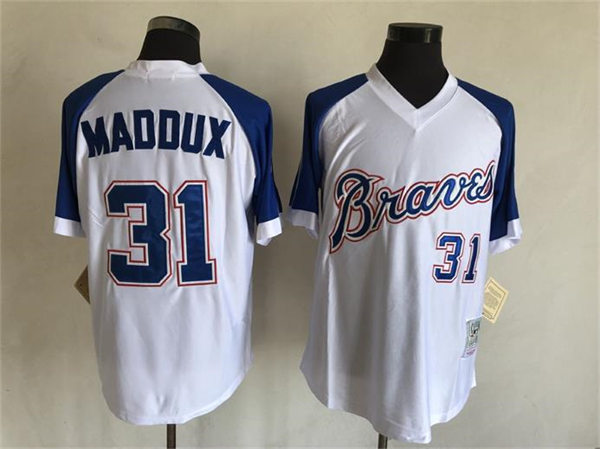  Mens Atlanta Braves Retired Player #31 Greg Maddux White Pullover Throwback Jersey 