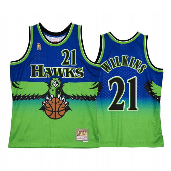  Mens Atlanta Hawks #21 Dominique Wilkins Blue Green Retro 1996-97 Hardwood Classics Throwback Jersey 