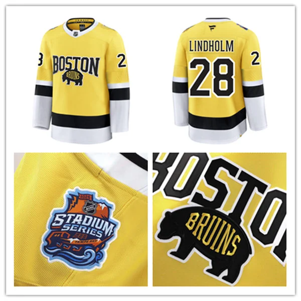  Mens Boston Bruins #28 Elias Lindholm 2026 Stadium Series Premium Jersey Yellow 