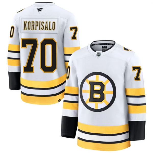  Mens Boston Bruins #70 Joonas Korpisalo Fanatics 2025 Away White Premium Jersey 