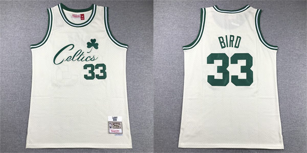  Mens Boston Celtics #33 Larry Bird Mitchell & Ness Chainstitch Swingman Jersey - Cream 