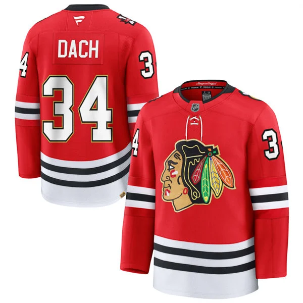  Mens Chicago Blackhawks #34 Colton Dach Fanatics Red 100th Anniversary Jersey 