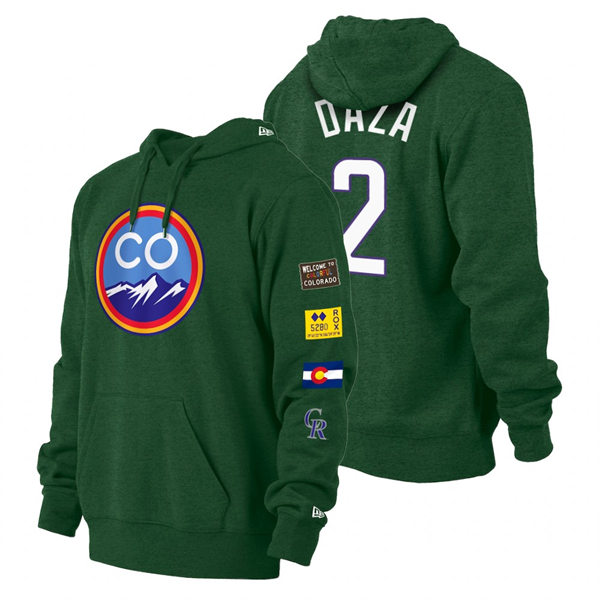  Mens Colorado Rockies #2 Yonathan Daza Green 2022 City Connect Pullover Hoodie 
