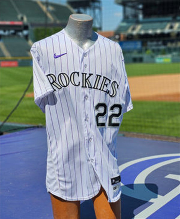  Mens Colorado Rockies #22 Nolan Jones Nike Home White Pinstripe Vapor Premier Elite Jersey 