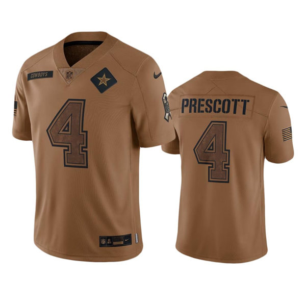  Mens Dallas Cowboys #4 Dak Prescott Brown 2023 Salute To Service Limited Jersey 