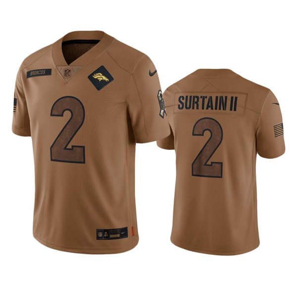  Mens Denver Broncos #2 Patrick Surtain II Brown 2023 Salute To Service Limited Jersey 