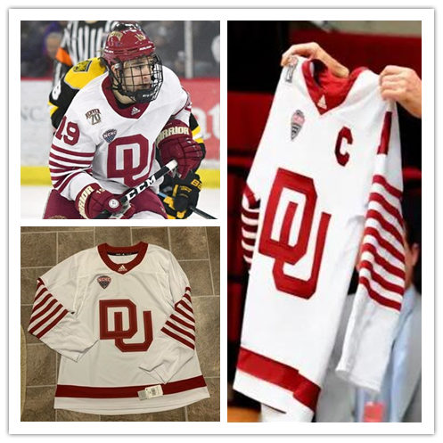  Mens Denver Pioneers Custom Adidas White DU College Hockey Game Jersey 