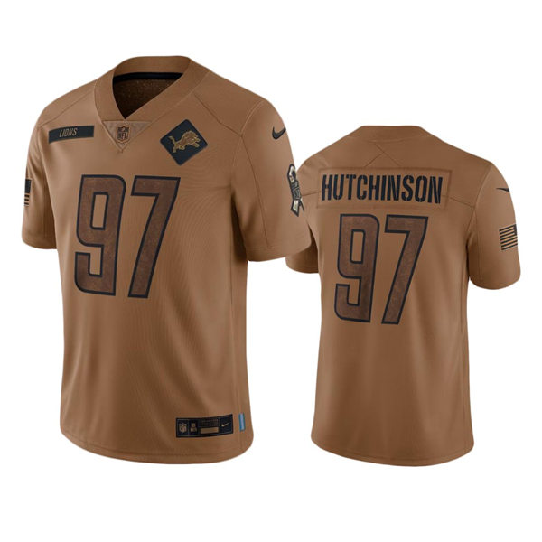  Mens Detroit Lions #97 Aidan Hutchinson Brown 2023 Salute To Service Limited Jersey 