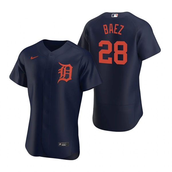  Mens Detroit Tigers #28 Javier Baez Nike Navy Orange FlexBase Jersey 