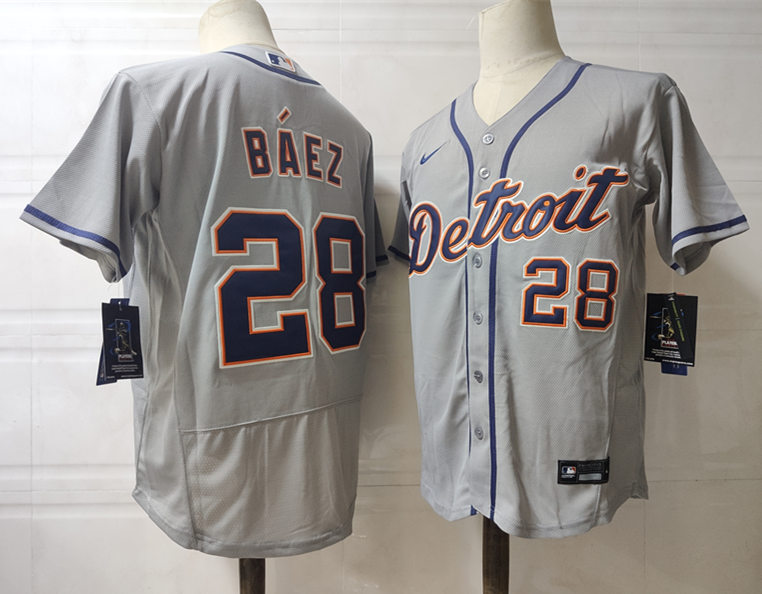  Mens Detroit Tigers #28 Javier Baez Nike Road Grey Flex Base Jersey 