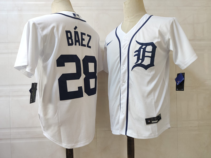  Mens Detroit Tigers #28 Javier Baez Nike Stitched Nike White Home Cool Base Jersey 
