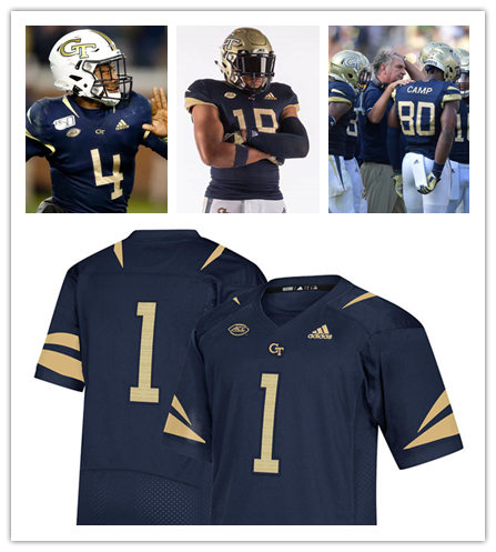  Mens Georgia Tech Yellow Jackets Custom  Calvin Johnson Pressley Harvin III Antonneous Clayton James Graham Jeff Sims Adidas Navy Gold Football Jersey 