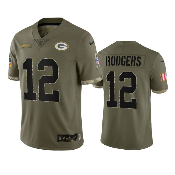  Mens Green Bay Packers #12 Aaron Rodgers Olive 2022 Salute To Service Jersey 