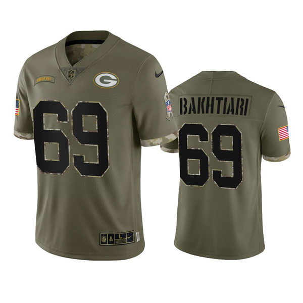  Mens Green Bay Packers #69 David Bakhtiari Olive 2022 Salute To Service Jersey 