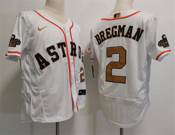  Mens Houston Astros #2 Alex Bregman 2023 White Gold Rush World Series Champions Jersey 