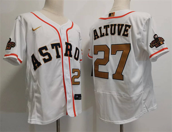  Mens Houston Astros #27 Jose Altuve 2023 White Gold Rush World Series Champions Jersey 