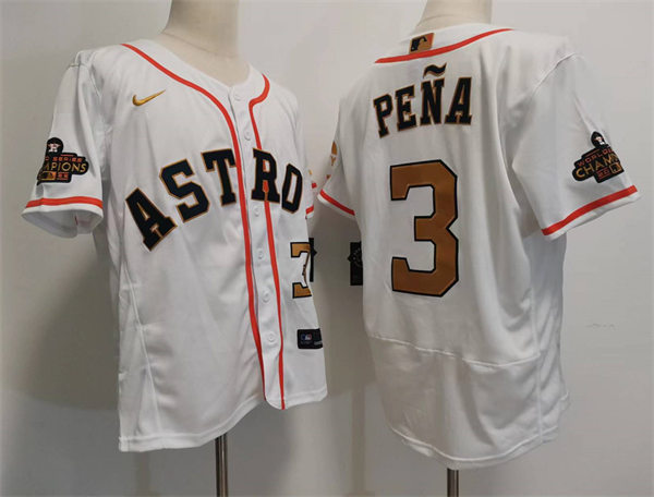  Mens Houston Astros #3 Jeremy Pena 2023 White Gold Rush World Series Champions Jersey 