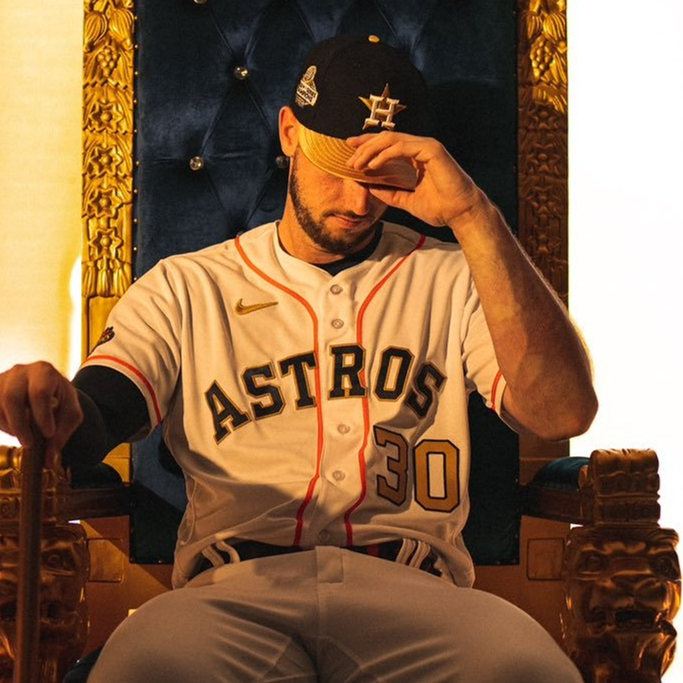  Mens Houston Astros #30 Kyle Tucker 2023 White Gold Rush World Series Champions Jersey 