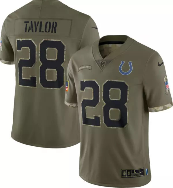 Mens Indianapolis Colts #28 Jonathan Taylor 2022 Salute To Service Limited Jersey Olive 