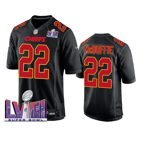  Mens Kansas City Chiefs #22 Trent McDuffie 2024 Super Bowl LVIII Black Carbon Fashion Game Player Jersey 