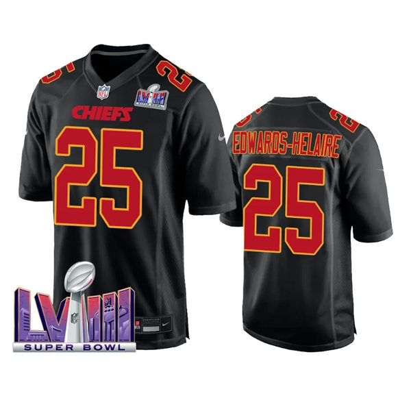  Mens Kansas City Chiefs #25 Clyde Edwards-Helaire 2024 Super Bowl LVIII Black Carbon Fashion Game Player Jersey 
