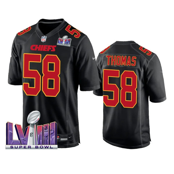  Mens Kansas City Chiefs #58 Derrick Thomas 2024 Super Bowl LVIII Black Carbon Fashion Game Player Jersey 