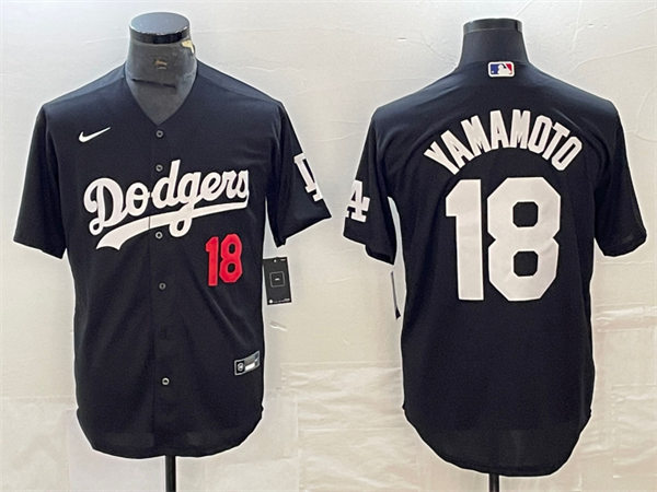  Mens Los Angeles Dodgers #18 Yoshinobu Yamamoto Nike Black Fashion Baseball Jersey 