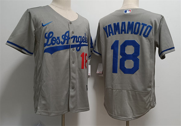  Mens Los Angeles Dodgers #18 Yoshinobu Yamamoto Nike Grey Los Angeles FlexBase Jerse 