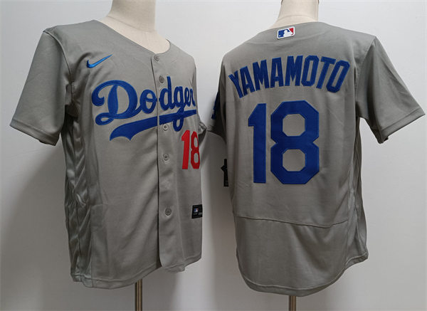  Mens Los Angeles Dodgers #18 Yoshinobu Yamamoto Nike Grey Road FlexBase Player Jersey 