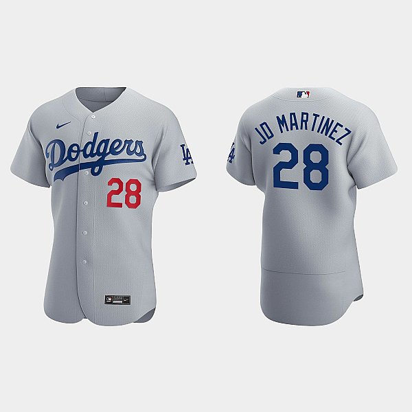  Mens Los Angeles Dodgers #28 J. D. Martinez Nike Grey Road FlexBase Player Jersey 