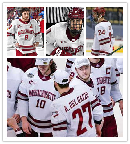  Mens Massachusetts Minutemen Custom Marc Del Gaizo Bobby Trivigno 2021 White Adidas Hockey Jersey 
